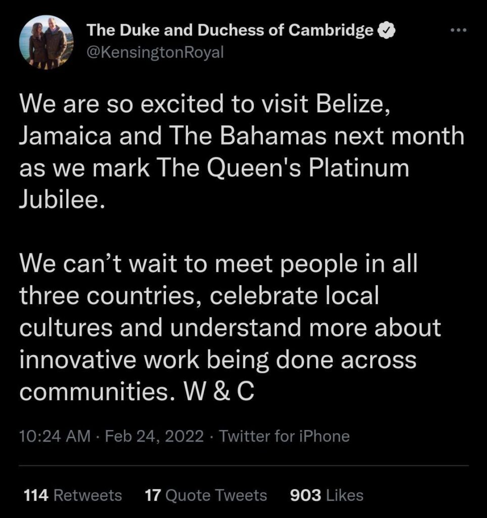Duke and Duchess Tweet, about their excitement to visit Belize